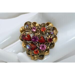 Vintage Austria Heart Brooch Red Pink Aurora Rhinestones Gold Tone 1.75”